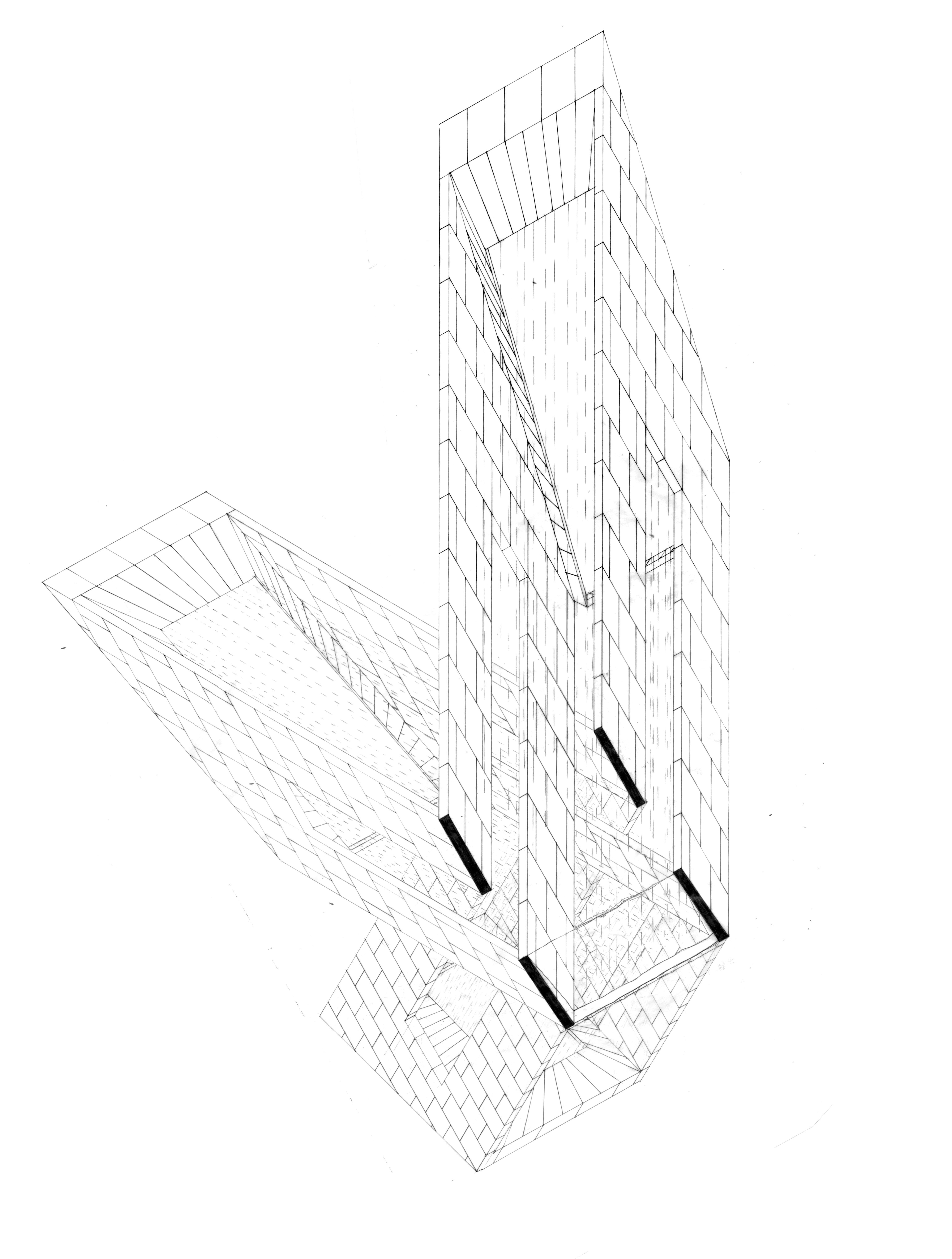 Three drawings are overlaid on top of eachother, pinwheeling around. These black and white pen drawings manipulate the architectural drawing styles to make more abstract compilations.